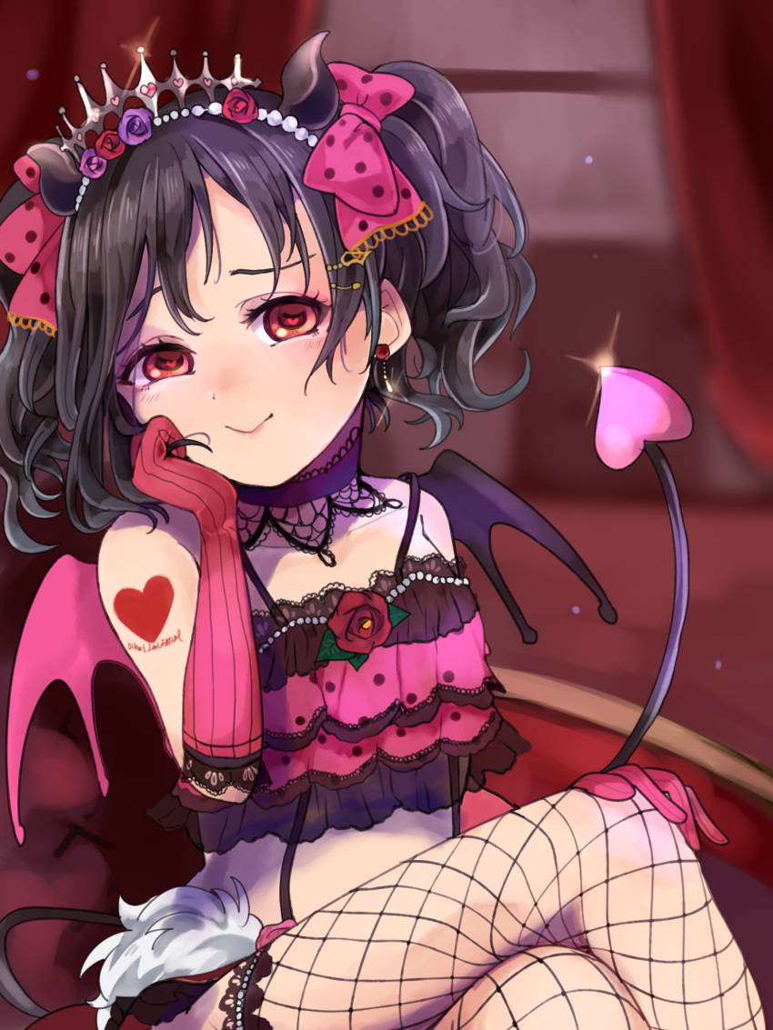 1girl asymmetrical_wings beniko08 black_hair black_wings bow choker collarbone crop_top demon_tail elbow_gloves fishnet_legwear fishnets flower gloves hair_flower hair_ornament hand_on_own_knee heart heart-shaped_pupils highres horns indoors legs_crossed long_hair looking_at_viewer love_live! love_live!_school_idol_festival love_live!_school_idol_project midriff pink_bow pinkw_ings polka_dot polka_dot_bow purple_flower red_eyes red_flower red_glovs sitting smile solo stomach symbol-shaped_pupils tail twintails vertical-striped_gloves wings yazawa_nico