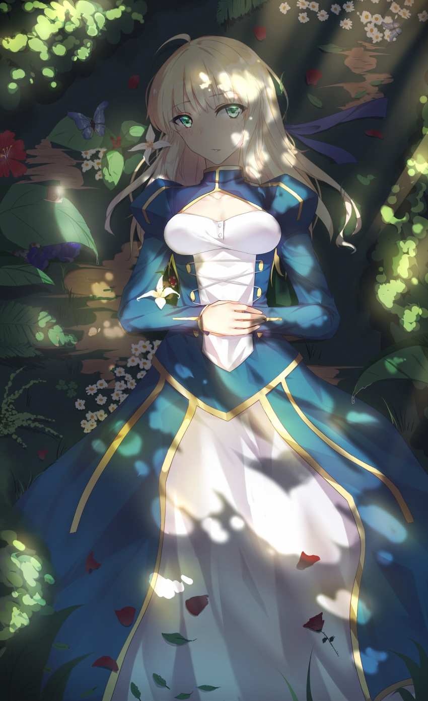 1girl ahoge blonde_hair blue_dress butterfly dappled_sunlight dress fate/stay_night fate_(series) flower forest green_eyes hands_together highres long_hair lying mushroom nature on_back outdoors petals saber sdustz sunlight