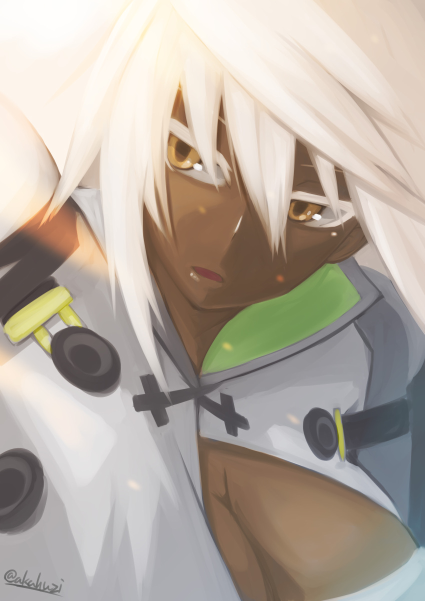 1girl absurdres akahuzi breasts cleavage dark_skin guilty_gear guilty_gear_xrd highres large_breasts long_hair looking_away parted_lips ramlethal_valentine solo upper_body white_hair yellow_eyes