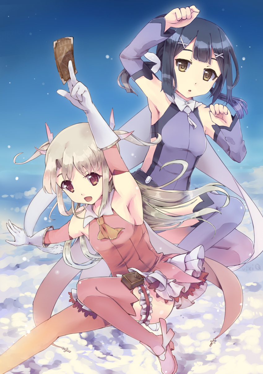 2girls :d above_clouds arm_up armpits ascot between_fingers black_hair blonde_hair boots cape card clouds commentary_request detached_sleeves dress fate/kaleid_liner_prisma_illya fate_(series) garters gloves hair_ornament highres holster illyasviel_von_einzbern long_hair looking_at_viewer magical_girl miyu_edelfelt multiple_girls open_mouth outstretched_arm pink_boots pose purple_boots red_eyes sky smile thigh-highs thigh_boots thigh_holster twintails two_side_up vixiq white_gloves x_hair_ornament yellow_eyes
