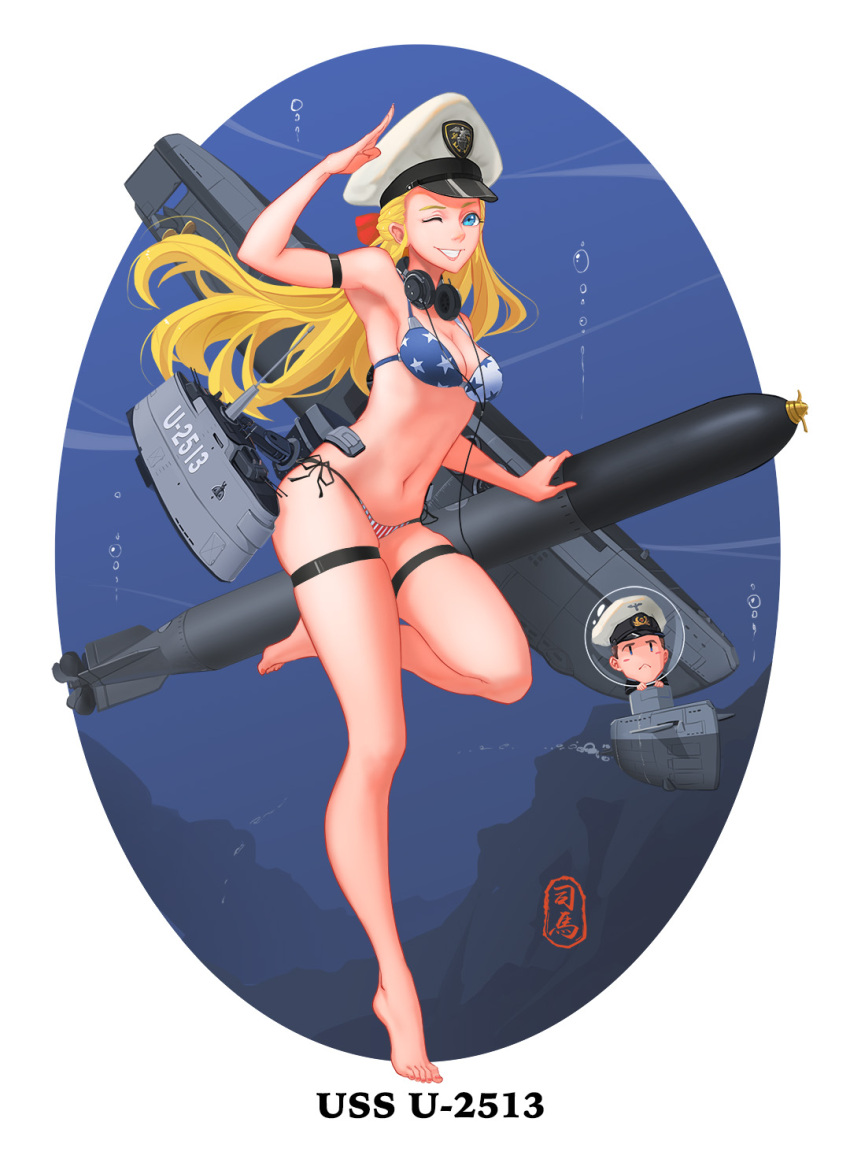 american_flag_bikini arm_strap artist_signature barefoot bikini blonde_hair blue_eyes character_name flag_print hair_ribbon hat headphones headphones_around_neck highres long_hair one_eye_closed pacific peaked_cap ribbon rigging salute side-tie_bikini sima_naoteng skindentation standing standing_on_one_leg swimsuit teeth thigh_strap torpedo u-2513_(pacific)