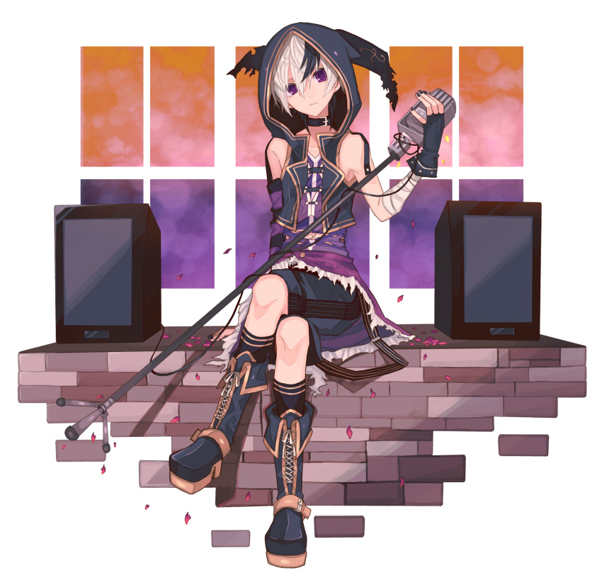 1girl androgynous arm_support bare_shoulders black_gloves black_nails boots cross-laced_footwear fingerless_gloves flower_(vocaloid) flower_(vocaloid4) gloves highres lace-up_boots legs_crossed looking_at_viewer miwasiba multicolored_hair nail_polish official_art petals shorts transparent_background two-tone_hair vest violet_eyes vocaloid white_hair