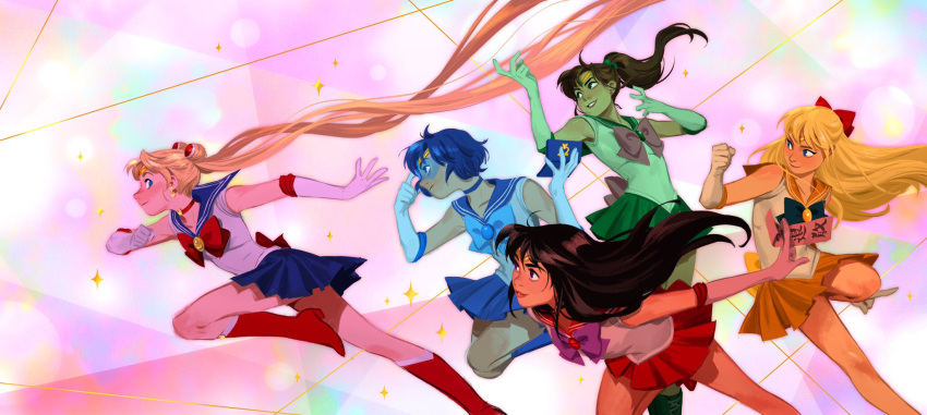 5girls adjusting_visor aino_minako bare_legs bare_shoulders bishoujo_senshi_sailor_moon black_bow black_hair blonde_hair blue_bow blue_choker blue_eyes blue_hair blue_skirt blue_visor boots bow brown_hair choker clenched_hand closed_mouth earrings female floating_hair friends gloves green_eyes green_skirt grin highres hino_rei inner_senshi jewelry kino_makoto legs lips long_hair magical_girl mingjue_helen_chen mizuno_ami multiple_girls neck necklace no_choker orange_skirt parted_lips pink_bow ponytail purple_bow red_boots red_bow red_choker red_skirt running sailor_jupiter sailor_mars sailor_mercury sailor_moon sailor_senshi sailor_venus short_hair skirt sleeveless smile sparkle talisman teeth tiara tsukino_usagi twintails very_long_hair violet_eyes visor white_gloves