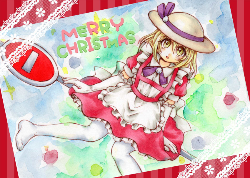 1girl :d alternate_color apron bangs blonde_hair bowler_hat christmas collared_shirt dress dutch_angle elbow_gloves eye_contact eyebrows_visible_through_hair eyes_visible_through_hair facing_viewer frilled_dress frills gloves hair_between_eyes hat hat_ribbon highres io_(maryann_blue) kana_anaberal lace legs_apart looking_at_another looking_at_viewer maid_apron merry_christmas no_shoes open_mouth pantyhose puffy_short_sleeves puffy_sleeves purple_ribbon red_dress ribbon road_sign shirt short_hair short_sleeves sign sitting smile solo tongue touhou touhou_(pc-98) traditional_media waist_apron watercolor_(medium) white_gloves white_hat white_legwear yellow_eyes