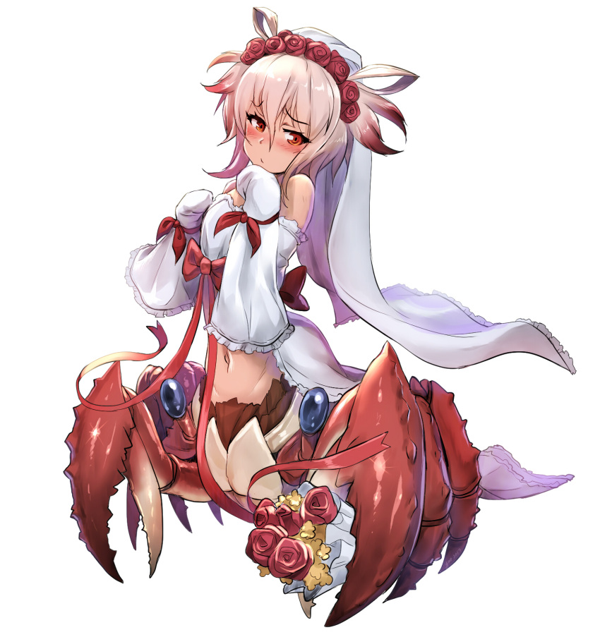 1girl bouquet breasts bride cancer_(monster_girl_encyclopedia) crab_claw crab_girl extra_eyes flower gao-lukchup hair_flower hair_ornament highres holding holding_bouquet long_sleeves looking_to_the_side monster_girl monster_girl_encyclopedia orange_eyes pincers pink_hair red_flower ribbon short_hair simple_background small_breasts solo white_background