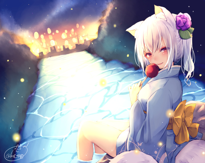 1girl animal_ears bangs blue_kimono blurry blush candy_apple chita_(ketchup) fireflies flower food fox_ears fox_girl fox_tail hair_flower hair_ornament highres holding holding_food japanese_clothes kimono long_sleeves looking_at_viewer looking_back night night_sky obi original outdoors parted_lips red_eyes river sash short_hair side_ponytail signature sitting sky smile soaking_feet solo star_(sky) tail twitter_username water white_hair wide_sleeves