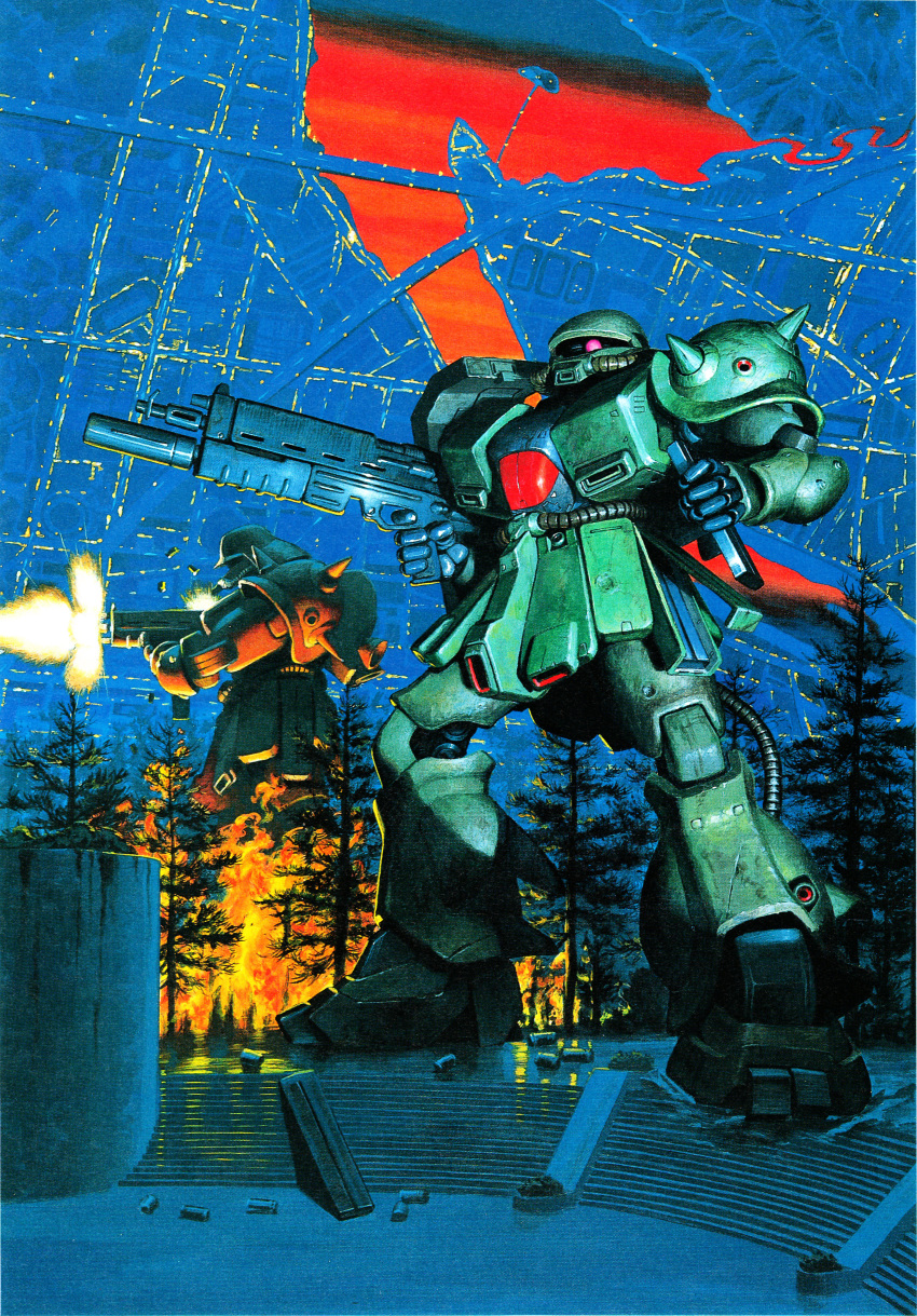 80s absurdres burning cartridge cartridge_case casing_ejection destruction fire firing flower_bed forest gun gundam gundam_0080 highres holding holding_gun holding_weapon kaida_yuuji looking_at_viewer looking_to_the_side machine_gun mecha muzzle_flash nature no_humans official_art oldschool pine_tree reloading shade shell_casing shoulder_spikes spikes stairs standing tree weapon zaku zaku_ii zaku_ii_fz_kai