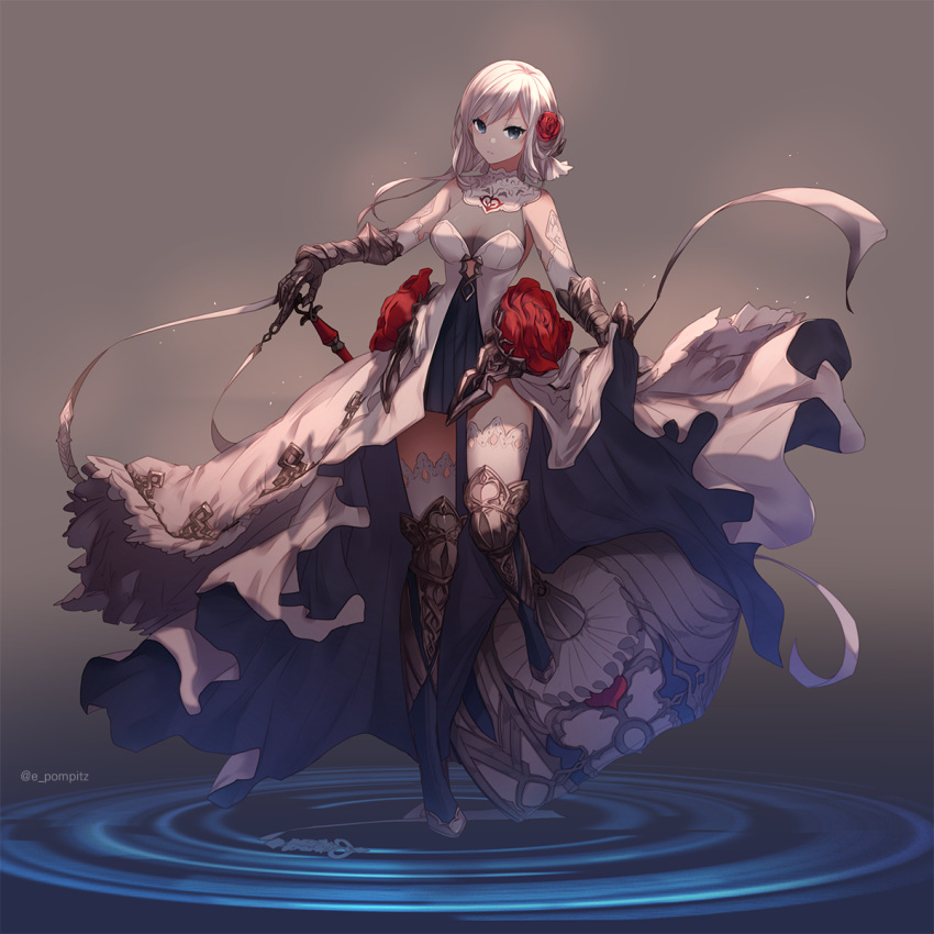 1girl armor armored_boots asymmetrical_hair bangs blue_eyes boots breasts cleavage closed_mouth dress flower full_body grey_dress grey_hair hair_flower hair_ornament hands_up highres long_hair looking_at_viewer medium_breasts pompitz red_flower red_rose ripples rose see-through silver_hair sinoalice snow_white_(sinoalice) solo standing standing_on_one_leg thigh-highs thighs tsurime twitter_username white_legwear