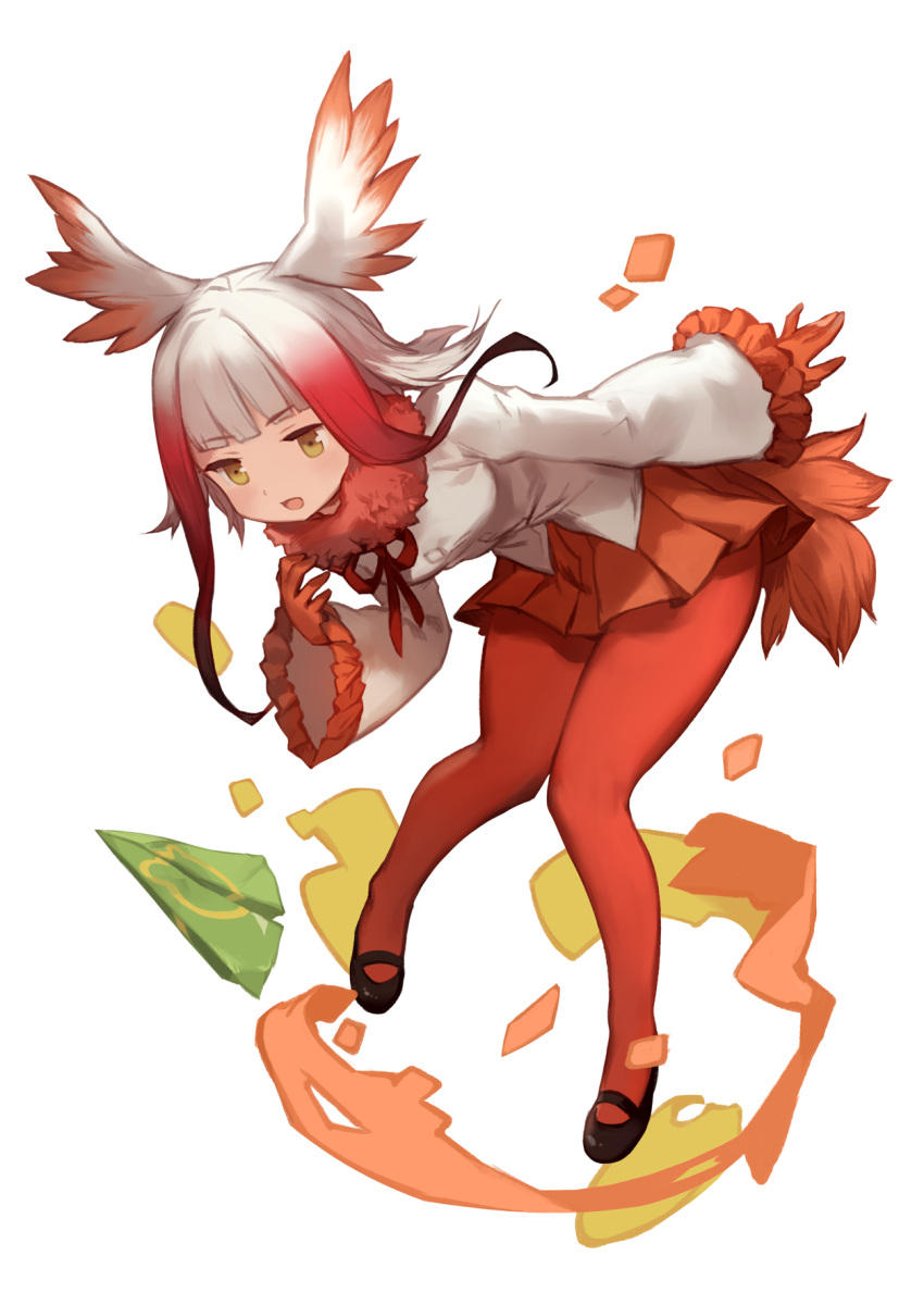 1girl bangs blunt_bangs full_body gloves head_wings highres japanese_crested_ibis_(kemono_friends) kemono_friends leaning_forward lee_hyeseung long_hair long_sleeves looking_at_viewer multicolored_hair open_mouth pantyhose pleated_skirt red_gloves red_legwear redhead shirt simple_background skirt solo tail two-tone_hair white_background white_hair white_shirt yellow_eyes
