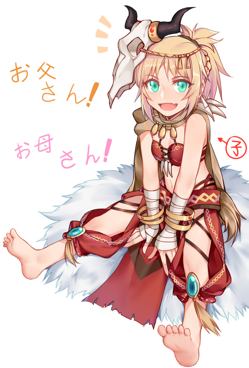 1girl :d absurdres bandage bandaged_arm bandeau bangs barefoot between_legs blonde_hair bracelet eyebrows_visible_through_hair fang fate/apocrypha fate_(series) green_eyes hand_between_legs highres jewelry legs_apart looking_at_viewer mask mask_on_head open_mouth ponytail saber_of_red sidelocks simple_background sitting skull_mask smile solo translated tribal white_background yorukun