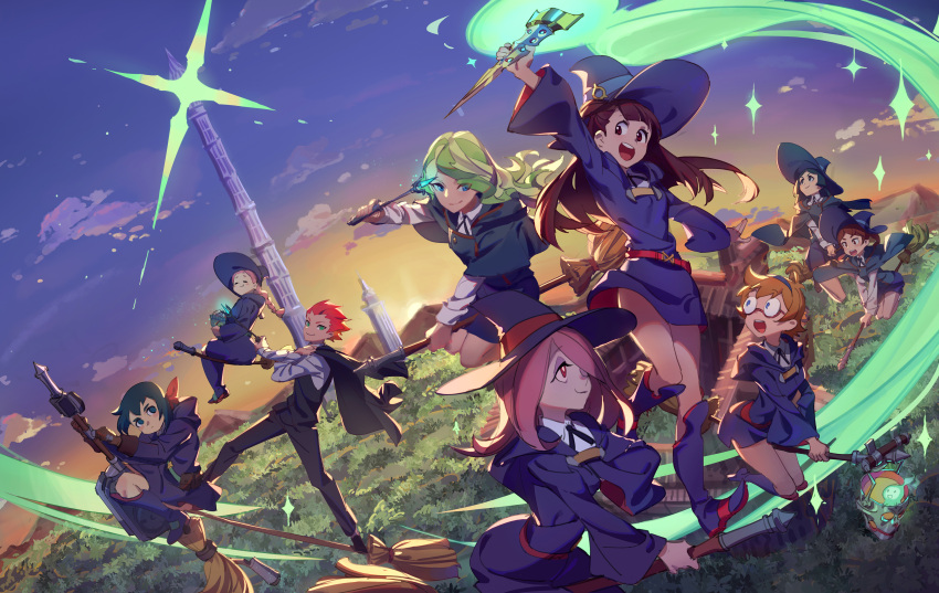 6+girls absurdres amanda_o'neill barbara_(little_witch_academia) broom broom_riding clouds constanze_amalie_von_braunschbank-albrechtsberger diana_cavendish everyone hanna_(little_witch_academia) hat highres jasminka_antonenko kagari_atsuko little_witch_academia lotte_jansson multiple_girls pg_(pgouwoderen) shiny_rod sky staff sucy_manbavaran sunset tower witch witch_hat