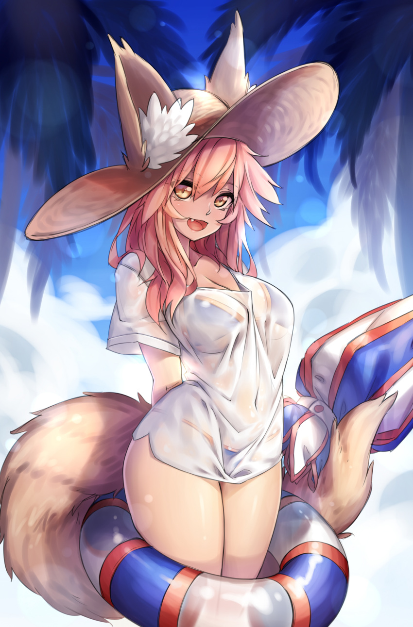 1girl :d absurdres animal_ears arms_behind_back beach_umbrella bikini bikini_under_clothes blue_bikini breasts brown_eyes cleavage clouds cloudy_sky fang fate/grand_order fate_(series) fox_ears fox_tail highres innertube large_breasts looking_at_viewer open_mouth outdoors pink_hair see-through shirt sky smile solo standing swimsuit tail tamamo_(fate)_(all) tamamo_no_mae_(swimsuit_lancer)_(fate) umbrella yin-ting_tian
