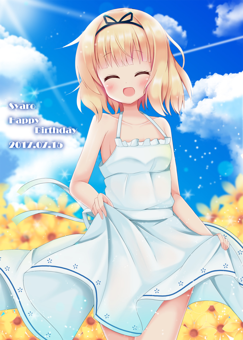 1girl bare_shoulders black_hairband blue_sky blush breasts character_name closed_eyes clouds collarbone commentary_request cowboy_shot dated day dress eyebrows_visible_through_hair field flower flower_field gochuumon_wa_usagi_desu_ka? hairband halter_dress halterneck happy happy_birthday highres kirima_sharo minato_(ojitan_gozaru) no_bra open_mouth outdoors short_hair skirt_hold sky small_breasts smile solo standing wavy_hair white_dress