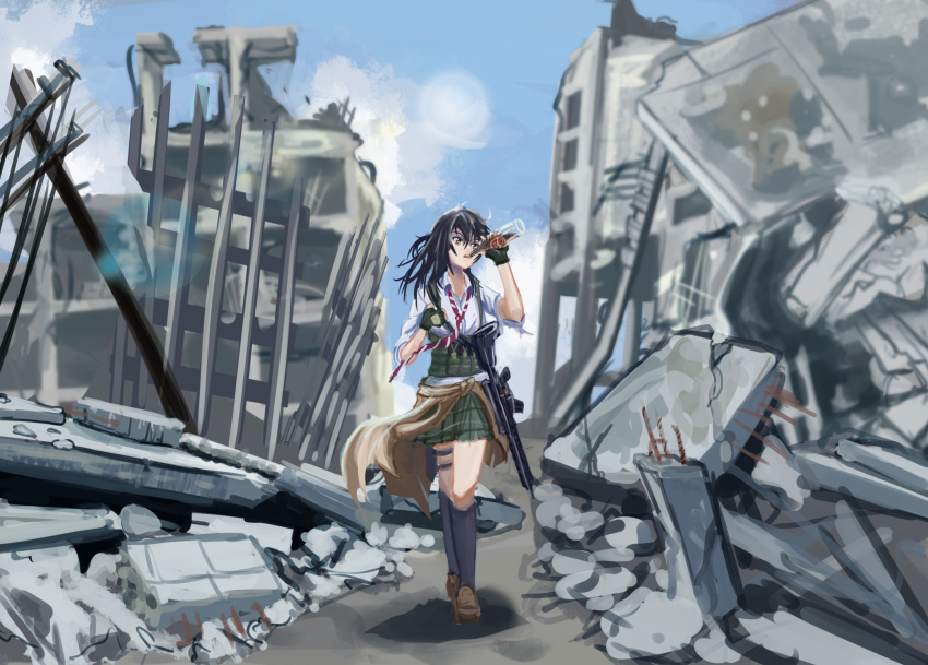 1girl ar-15 assault_rifle black_hair brown_eyes clothes_around_waist coppelion dailuo drinking fallout fingerless_gloves gloves gun highres holster kneehighs lens_flare miniskirt naruse_ibara necktie nuka_cola outdoors post-apocalypse rifle ruins skirt sky sleeves_rolled_up solo striped striped_necktie tagme thigh_holster weapon