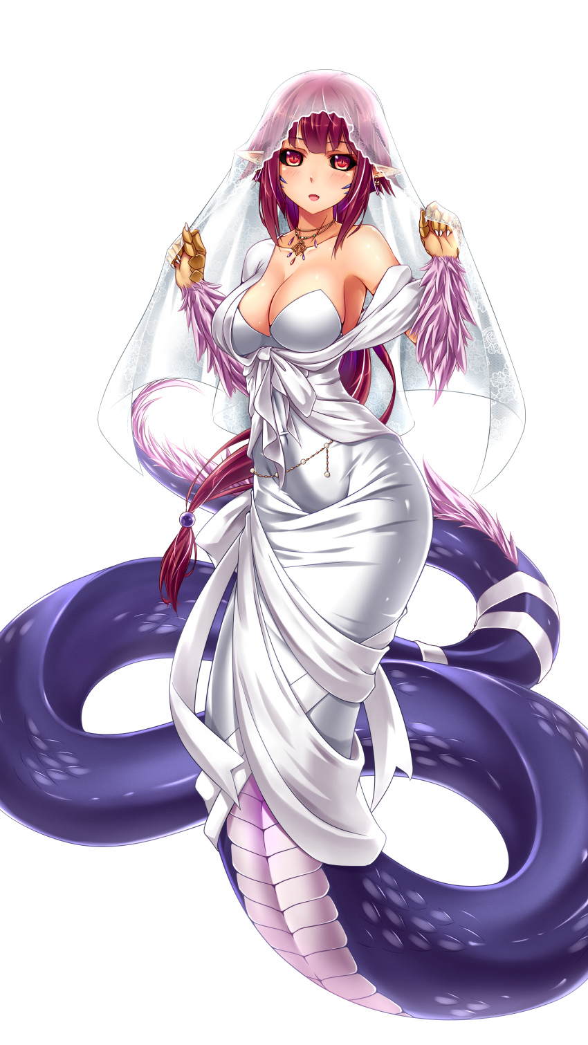 1girl absurdres basilisk_(monster_girl_encyclopedia) black_sclera blush breasts bridal_veil claws cleavage dress earrings highres jewelry lamia long_hair looking_at_viewer midnight_(banyex) monster_girl monster_girl_encyclopedia necklace off_shoulder pointy_ears red_eyes redhead scales simple_background smile solo strapless strapless_dress veil wedding_dress