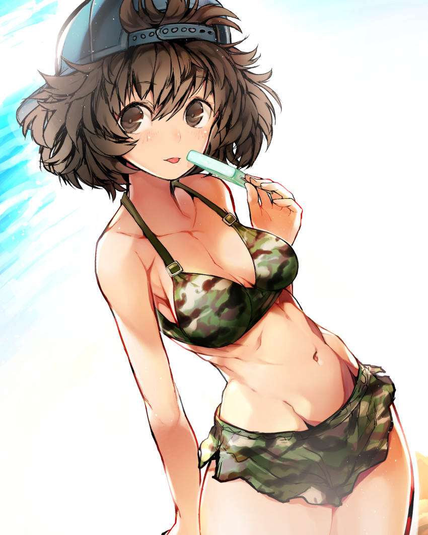 1girl akiyama_yukari bangs baseball_cap bikini blue_hat breasts brown_eyes brown_hair camouflage camouflage_bikini cleavage collarbone commentary_request cowboy_shot dutch_angle food garakuta girls_und_panzer groin halter_top halterneck hat highres holding holding_food looking_at_viewer medium_breasts messy_hair navel popsicle short_hair solo standing stomach swimsuit tongue tongue_out water