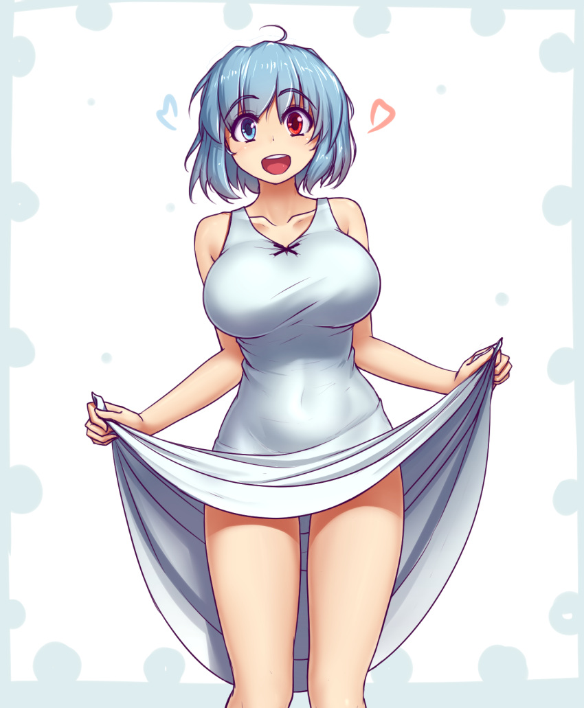 1girl ahoge bangs bare_legs blue_dress blue_eyes blue_hair breasts collarbone dress dress_lift eyebrows_visible_through_hair hater_(hatater) heterochromia highres large_breasts lifted_by_self looking_at_viewer open_mouth red_eyes short_hair smile solo standing tatara_kogasa teeth touhou white_background