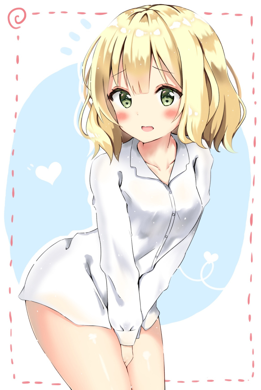 1girl bangs between_legs blonde_hair blush breasts buttons collarbone collared_shirt commentary_request covering covering_crotch cowboy_shot dress_shirt embarrassed eyebrows_visible_through_hair gochuumon_wa_usagi_desu_ka? green_eyes hand_between_legs heart highres kirima_sharo long_sleeves looking_at_viewer medium_breasts na_na_six naked_shirt open_mouth shirt short_hair solo spiral standing thighs two-tone_background wavy_hair wavy_mouth white_shirt wing_collar