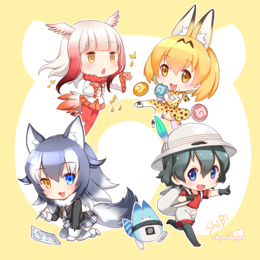 4girls animal_ears backpack bag black_gloves black_hair black_legwear blue_eyes blush bow bowtie breasts bucket_hat chibi cleavage eyebrows_visible_through_hair fang feathers food fur_collar gloves grey_wolf_(kemono_friends) hat head_wings heterochromia highres japanese_crested_ibis_(kemono_friends) japari_bun kaban_(kemono_friends) kemono_friends long_hair long_sleeves looking_at_viewer lucky_beast_(kemono_friends) multicolored_hair multiple_girls necktie open_mouth orange_bow orange_bowtie orange_eyes orange_hair orange_legwear pantyhose pencil red_legwear red_skirt redhead serval_(kemono_friends) serval_ears shibi short_hair skirt smile tail thigh-highs twitter_username two-tone_hair wavy_hair white_hair wolf_ears wolf_tail yellow_eyes