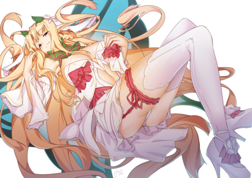 absurdres armpits ass blonde_hair blue_wings boots breasts butterfly_wings dress fairy flower hair_flower hair_ornament hand_on_breast high_heels highres holding holding_hair large_breasts leaf_hair_ornament long_hair looking_at_viewer lying midriff monster_girl_encyclopedia panties smile smug thigh-highs thigh_boots tilt-shift titania_(monster_girl_encyclopedia) underwear very_long_hair violet_eyes wedding_dress wings