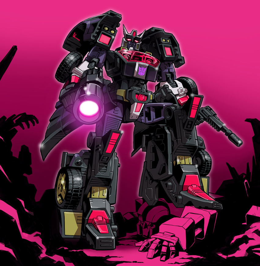1boy deadlock decepticon drift full_body glowing glowing_eyes glowing_weapon gun holding holding_weapon insignia looking_at_viewer machine machinery mecha multiple_boys no_humans personification pose purple_background red_eyes robot solo standing transformers weapon zuma_(zuma_yskn)