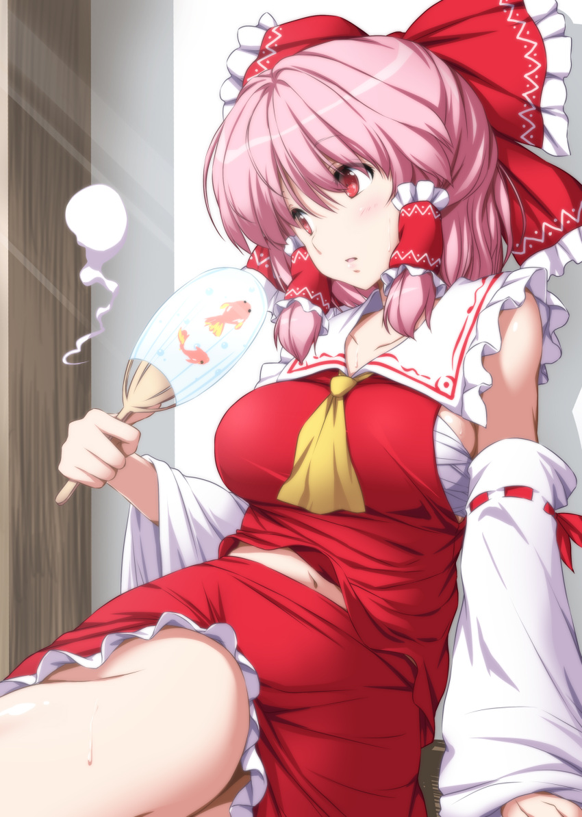 1girl arm_support ascot bangs blush bow breasts collarbone commentary cosplay detached_sleeves fan hair_bow hair_tubes hakurei_reimu hakurei_reimu_(cosplay) highres hitodama large_breasts long_sleeves looking_away navel nontraditional_miko nori_tamago paper_fan parted_lips pink_hair red_bow red_eyes red_shirt red_skirt ribbon-trimmed_sleeves ribbon_trim saigyouji_yuyuko sarashi shirt sitting skirt skirt_set sleeveless sleeveless_shirt solo sunlight touhou uchiwa wide_sleeves