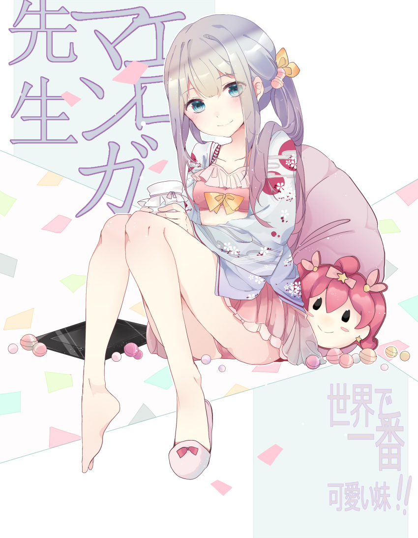 1girl absurdres alternate_hairstyle bangs bare_legs barefoot bikini bikini_skirt blue_eyes blunt_bangs blush bow bow_legwear breasts character_mask closed_mouth collarbone commentary_request drawing_tablet eromanga_sensei eyebrows_visible_through_hair floral_print frilled_skirt frills full_body gradient gradient_hair hair_bow hair_ornament highres holding izumi_sagiri lavender_hair long_hair long_sleeves looking_at_viewer mask multicolored_hair pink_bikini pink_bow pink_skirt purple_hair saaro sidelocks silver_hair single_shoe sitting skirt slippers small_breasts smile solo swimsuit yellow_bow