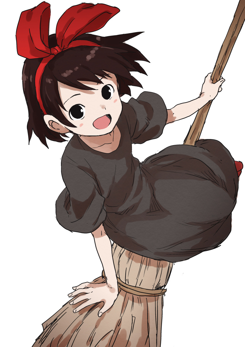 1girl :d absurdres bangs black_dress black_eyes blush bow broom broom_riding brown_hair dress hair_bow hairband highres kiki looking_at_viewer majo_no_takkyuubin open_mouth red_bow short_hair simple_background sitting smile solo white_background yamamoto_souichirou
