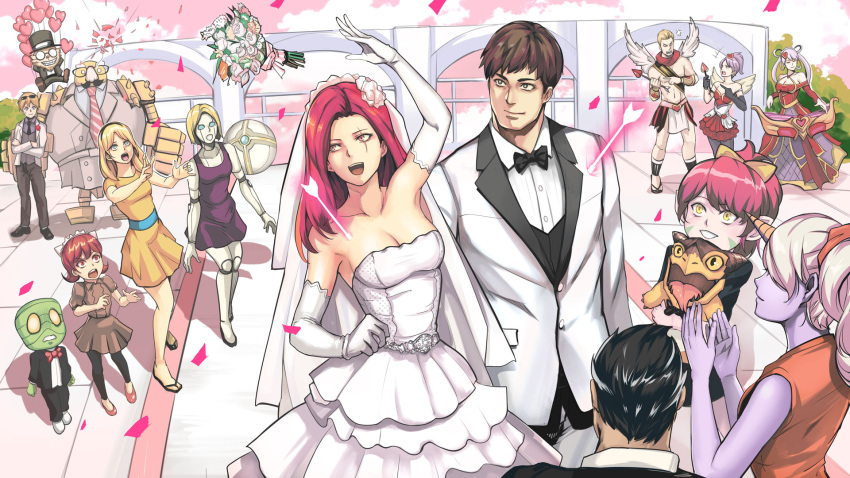 6+boys 6+girls amumu android anger_vein annie_hastur arm_up armpits arms_behind_head arrow balloon bandage black_bow black_bowtie black_eyes black_necktie blitzcrank blonde_hair blue_eyes bouquet bouquet_toss bow bowtie breasts brown_hair cal_(pmgdd) clapping cleavage closed_eyes commentary confetti crossed_arms darius_(league_of_legends) dragon dress elbow_gloves etwahl ezreal facial_mark fake_mustache flower forked_tongue garen_crownguard glasses gloves grin hair_bow hair_ornament hairband hat headdress heart heart_balloon heart_belt heart_hair_ornament highres horn katarina_du_couteau lavender_hair league_of_legends luxanna_crownguard midriff multiple_boys multiple_girls mummy navel necktie open_mouth orianna_reveck pants pantyhose pink_skin pointy_ears ponytail purple_hair purple_skin quinn red_bow red_bowtie red_eyes redhead robot robot_joints scar scar_across_eye scarf smile sona_buvelle soraka strapless strapless_dress striped striped_necktie sunglasses sunglasses_on_head tongue top_hat tristana tuxedo twintails varus veil wavy_mouth wedding wedding_dress wings yellow_eyes yordle ziggs