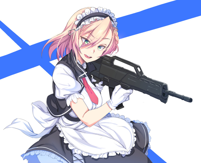 1girl apron assault_rifle bangs black_dress blonde_hair blouse blue_eyes braid dress eyebrows_visible_through_hair frilled_dress frills g36 g36_(girls_frontline) girls_frontline gloves green_eyes gun highres holding holding_gun holding_weapon kook light_smile maid maid_apron maid_headdress necktie open_mouth puffy_short_sleeves puffy_sleeves red_necktie rifle short_hair short_necktie short_sleeves solo upper_body weapon white_blouse white_gloves