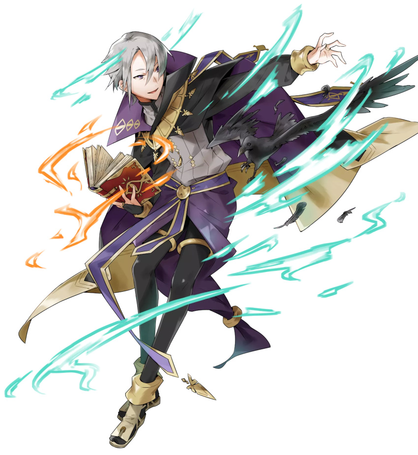 1boy book cape fire_emblem fire_emblem:_kakusei fire_emblem_heroes full_body henry_(fire_emblem) highres long_sleeves magic male_focus official_art open_mouth short_hair smile solo white_hair