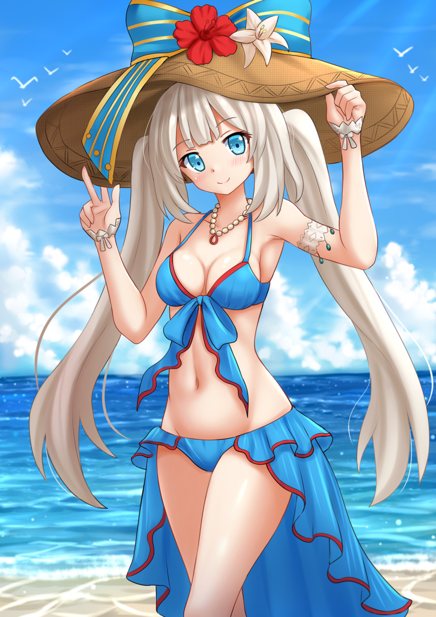 1girl armpits bare_shoulders beach bikini bikini_skirt blue_bikini blue_eyes blue_sky blush breasts clouds commentary cowboy_shot day fate/grand_order fate_(series) flower hand_on_headwear hat hat_flower hat_ribbon head_tilt highres jewelry kazenokaze legs_crossed long_hair looking_at_viewer marie_antoinette_(fate/grand_order) medium_breasts navel necklace outdoors ribbon sky smile solo sun_hat swimsuit twintails v very_long_hair water white_hair wrist_cuffs