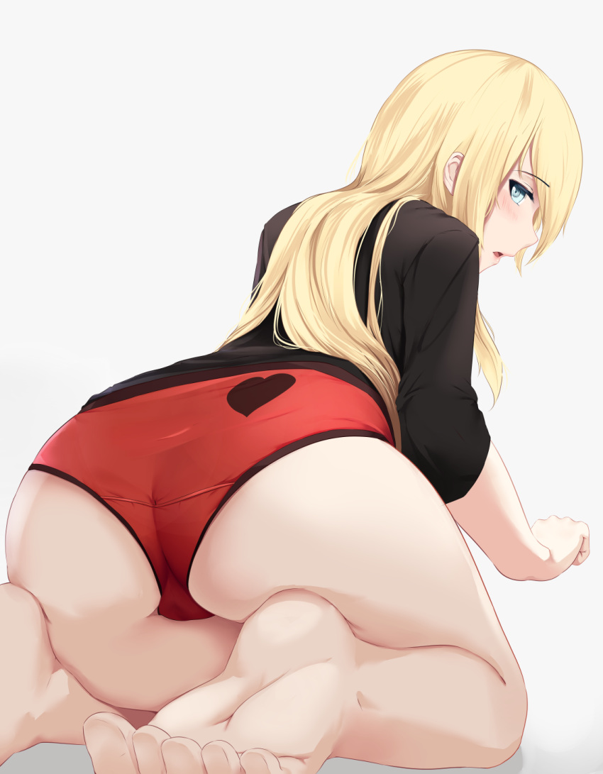 1girl ass barefoot black_shirt blonde_hair blush commentary eyebrows_visible_through_hair feet from_behind hair_between_eyes heart heart_print highres kneeling long_hair looking_at_viewer looking_back mengo new_game! no_pants open_mouth panties profile red_panties shirt simple_background soles solo toes underwear yagami_kou