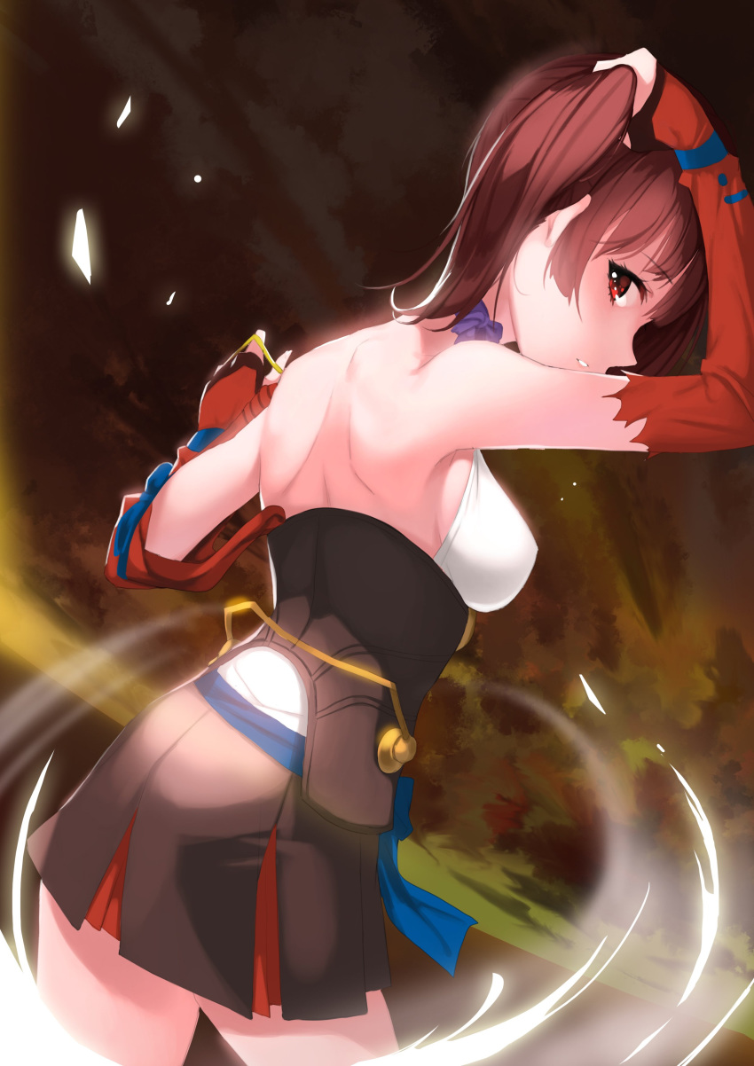 1girl abstract_background absurdres adjusting_hair aowltus209 back blue_ribbon breasts brown_hair choker cowboy_shot elbow_gloves from_behind gloves glowing hair_tie highres kaban_(kemono_friends) long_hair miniskirt mumei_(kabaneri) pleated_skirt red_eyes red_gloves ribbon sideboob skirt solo twintails yellow_background