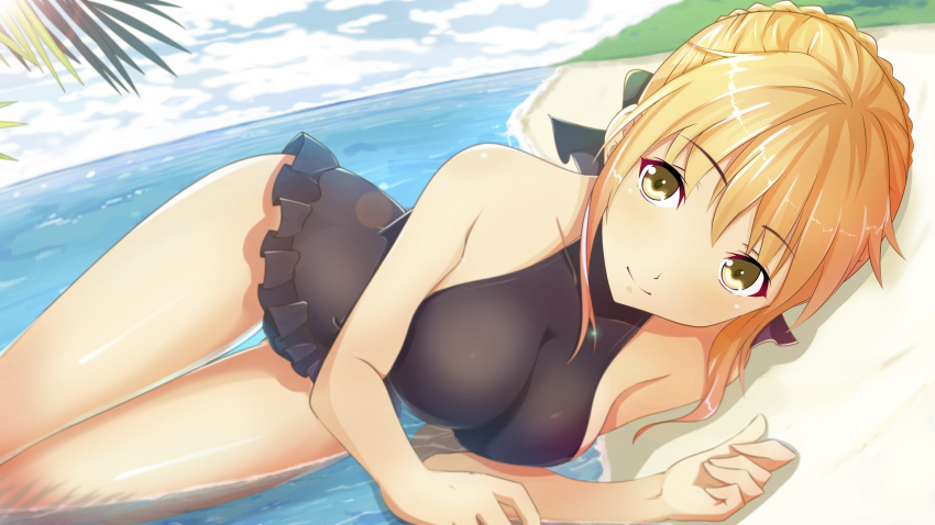 1girl bare_shoulders beach black_bow black_swimsuit blonde_hair bow braid collarbone eyebrows_visible_through_hair fate_(series) forest gluteal_fold guanghe_zuoyong_de_de_yezi hair_bow highres looking_up lying nature on_side one-piece_swimsuit palm_tree partially_submerged saber saber_alter smile solo swimsuit thigh_gap tree yellow_eyes