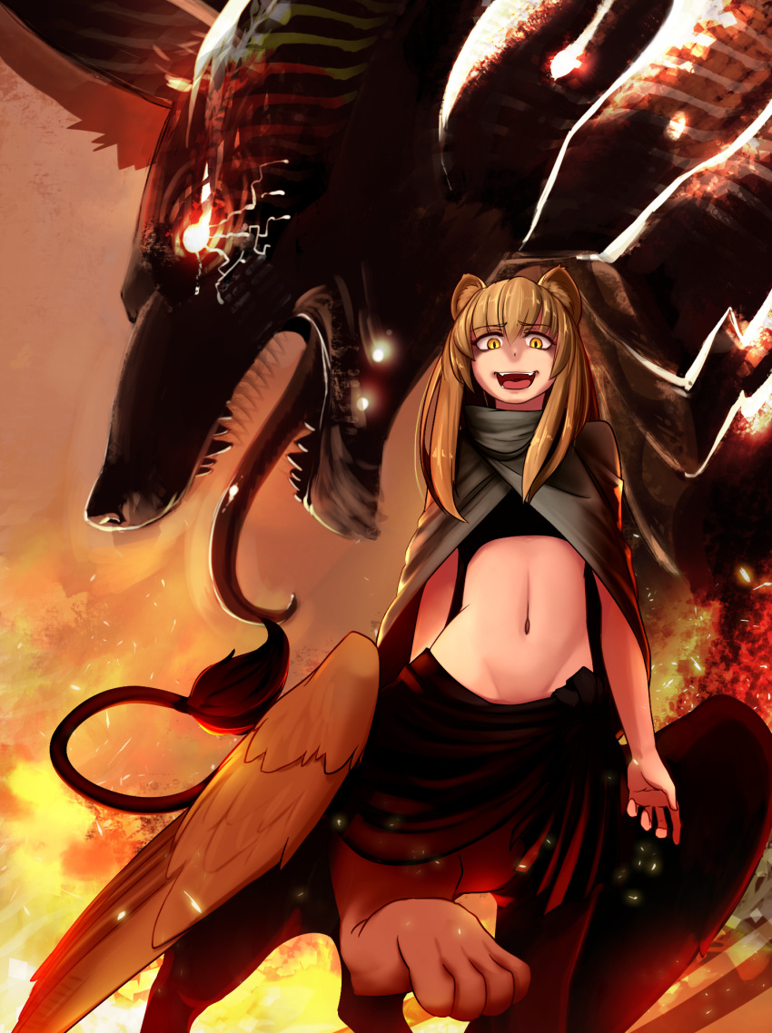 bird_wings brown_hair centauroid fiery_background fire giant_monster highres leg_lift less lion_paw lion_tail long_hair midriff open_mouth scarf shaded_face slit_pupils smirk sphinx tail wings yellow_eyes
