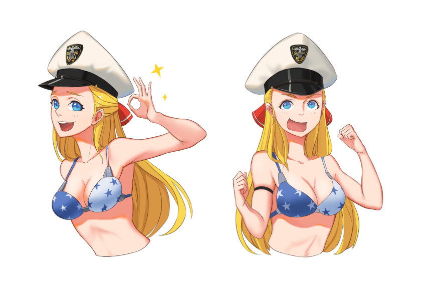 american_flag_bikini arm_strap bikini blonde_hair blue_eyes cowboy_shot flag_print hair_ribbon hat long_hair ok_sign open_mouth pacific peaked_cap ribbon sima_naoteng skindentation swimsuit u-2513_(pacific)