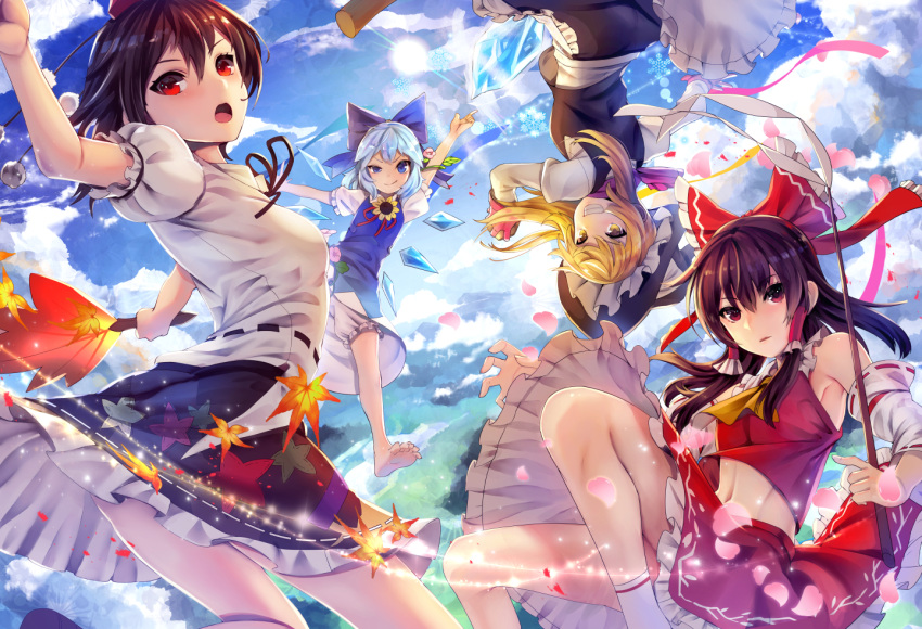 4girls autumn_leaves barefoot black_hair black_hat black_skirt blonde_hair bloomers blue_bow blue_dress blue_eyes blue_hair blue_sky bow breasts broom brown_hair cherry_blossoms cirno clouds cloudy_sky day detached_sleeves dress fan flying gloves gohei hair_bow hair_tubes hakurei_reimu hat hidden_star_in_four_seasons holding ice ice_wings index_finger_raised kirisame_marisa looking_at_viewer medium_breasts mini-hakkero miniskirt multiple_girls outdoors petals pink_gloves pink_scarf pom_pom_(clothes) puffy_short_sleeves puffy_sleeves red_bow red_eyes red_skirt ribbon-trimmed_sleeves ribbon_trim scarf shameimaru_aya shide shirt short_dress short_hair short_sleeves sidelocks skirt sky smile socks sukocchi sun tokin_hat touhou underwear upside-down vest white_legwear white_shirt wings witch_hat yellow_eyes