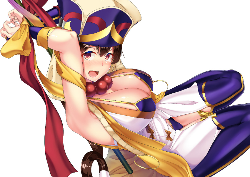 1girl beads bikini bikini_top black_hair blush breasts cleavage fate/grand_order fate_(series) hat jewelry kasappi large_breasts long_hair looking_at_viewer necklace prayer_beads smile solo swimsuit thigh-highs xuanzang_(fate/grand_order)