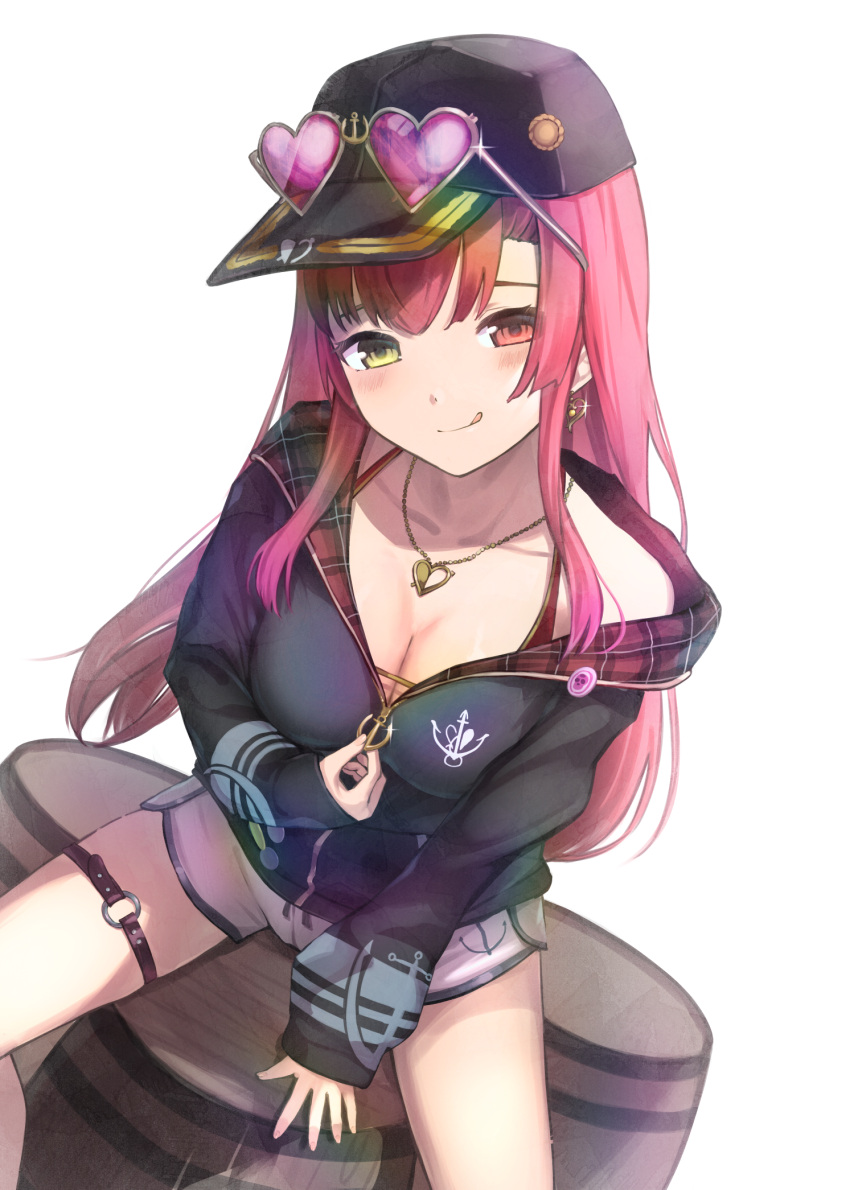 1girl akira_tooru anchor_print bangs barrel baseball_cap bikini bikini_under_clothes black_hair black_headwear blush breasts closed_mouth commentary earrings eyewear_on_head hair_down hat heart heart-shaped_eyewear heart_earrings heart_necklace heterochromia highres hololive houshou_marine jacket jewelry long_hair long_sleeves looking_at_viewer medium_breasts off_shoulder official_alternate_costume print_jacket red_eyes redhead revision short_shorts shorts simple_background sitting sleeves_past_wrists smile solo spread_legs swimsuit thigh_strap tongue tongue_out very_long_hair virtual_youtuber white_background white_shorts yellow_eyes zipper_pull_tab