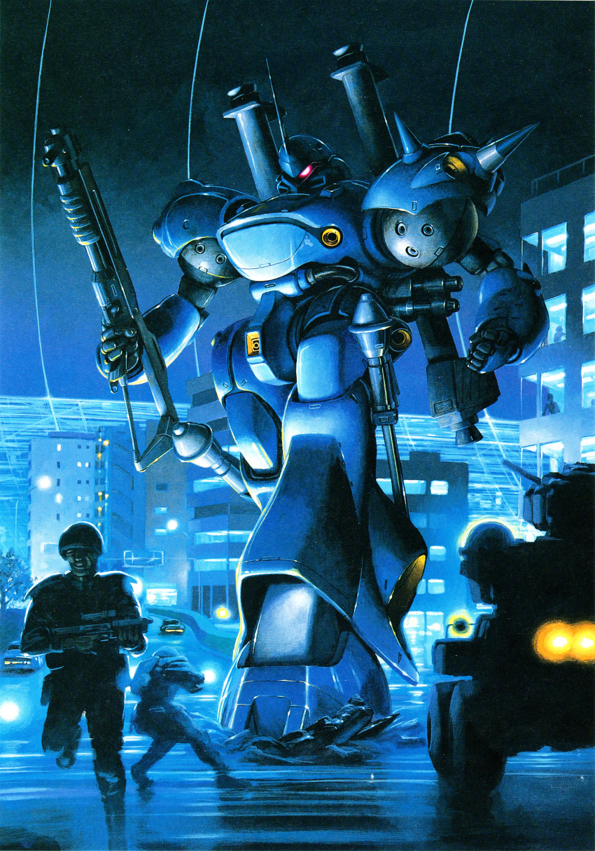 2boys 80s absurdres bazooka blue building car fleeing glowing glowing_eye ground_vehicle gun gundam gundam_0080 highres holding holding_gun holding_weapon kaida_yuuji kampfer_(mobile_suit) mecha military military_vehicle motor_vehicle multiple_boys night night_sky official_art oldschool panzerfaust reflection shotgun shoulder_pads shoulder_spikes sky soldiers spikes stomping tank traffic walking weapon wet_ground window