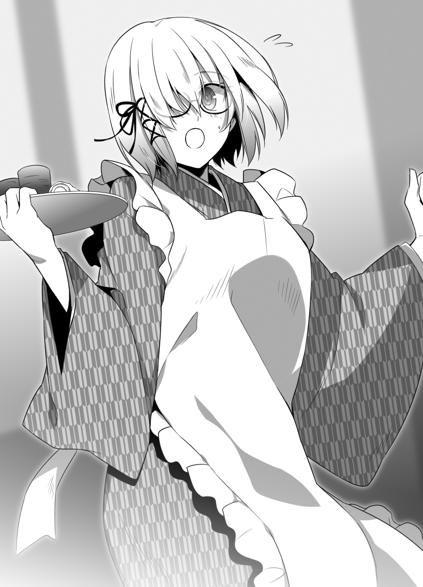 1girl :o absurdres apron bangs blush cowboy_shot cup eyebrows_visible_through_hair fate/grand_order fate_(series) flying_sweatdrops frilled_apron frills glasses greyscale hair_over_one_eye hair_ribbon hands_up highres holding holding_tray japanese_clothes kimono looking_to_the_side monochrome nina_(pastime) open_mouth ribbon semi-rimless_glasses shielder_(fate/grand_order) short_hair solo teacup tray under-rim_glasses yagasuri yamoge_(kakuzatou)