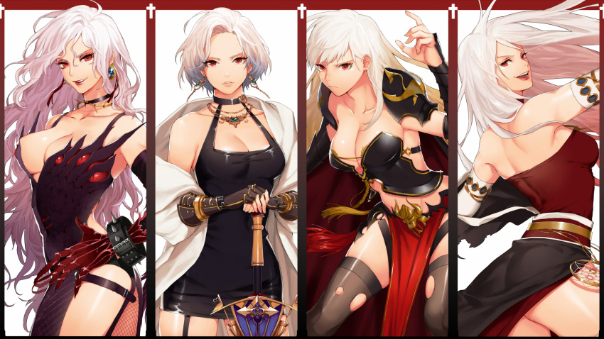 :d artist_request bare_shoulders black_clothes black_legwear bracelet bracer breasts choker claws cleavage collarbone cowboy_shot dungeon_and_fighter earrings female_slayer_(dungeon_and_fighter) fishnet_legwear fishnets garter_straps gauntlets gloves hand_on_hip hand_up highres jewelry large_breasts long_hair looking_at_viewer looking_back midriff necklace open_mouth parted_lips red_eyes red_lips short_hair smile spiked_bracelet spikes standing sword thigh-highs usamero very_long_hair weapon white_hair