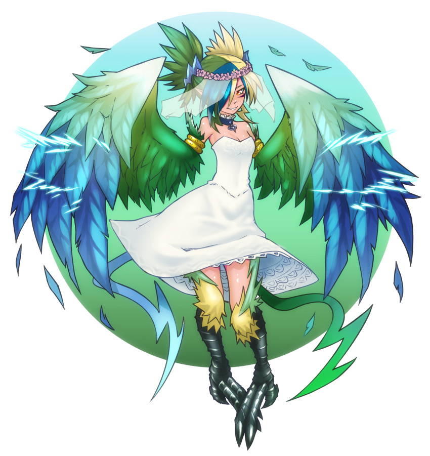 1girl absurdres bare_shoulders blonde_hair blue_hair breasts choker dress electricity feathered_wings green_hair hair_over_one_eye harpy head_wreath highres looking_at_viewer magnifire monster_girl monster_girl_encyclopedia multicolored multicolored_hair multicolored_wings pointy_ears small_breasts smile solo strapless strapless_dress talons thunderbird_(monster_girl_encyclopedia) veil white_dress winged_arms wings