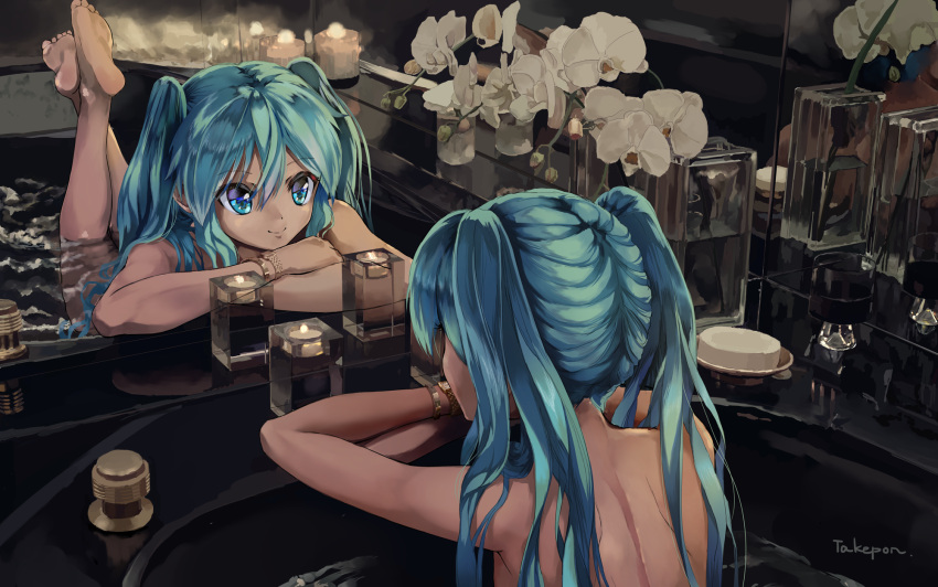 1girl aqua_hair artist_name blue_eyes bracelet candle feet flower hatsune_miku highres jewelry long_hair mirror nude reflection smile soles solo takepon1123 twintails vocaloid watch water