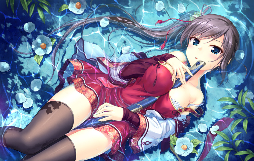 1girl :o aqua_eyes bekkankou between_breasts black_hair black_legwear blush flower from_above long_hair long_sleeves looking_at_viewer partially_submerged petals ponytail sheath sheathed side_ponytail solo strap_slip sword thigh-highs water weapon