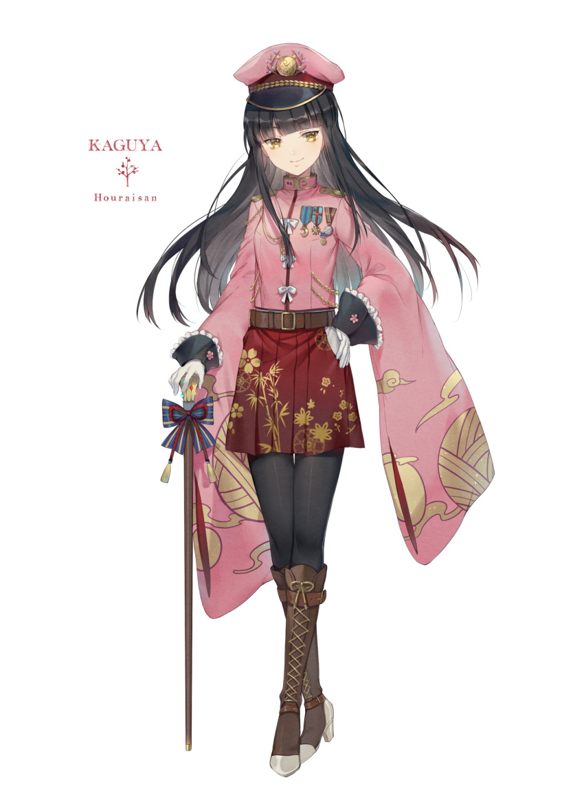 1girl alternate_costume black_hair black_legwear boots brown_boots character_name ekira_nieto highres houraisan_kaguya looking_at_viewer simple_background smile solo standing touhou white_background yellow_eyes