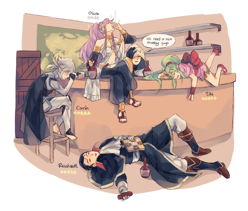 2boys 2girls absurdres alcohol androgynous anocurry bottle chiki circlet crate cup drinking drinking_glass drunk english fire_emblem fire_emblem:_mystery_of_the_emblem fire_emblem_heroes fire_emblem_if green_hair highres legs_crossed male_my_unit_(fire_emblem_if) multiple_boys multiple_girls my_unit_(fire_emblem_if) olivia_(fire_emblem) pink_hair ponytail reinhardt_(fire_emblem) see-through sitting summoner_(fire_emblem_heroes)