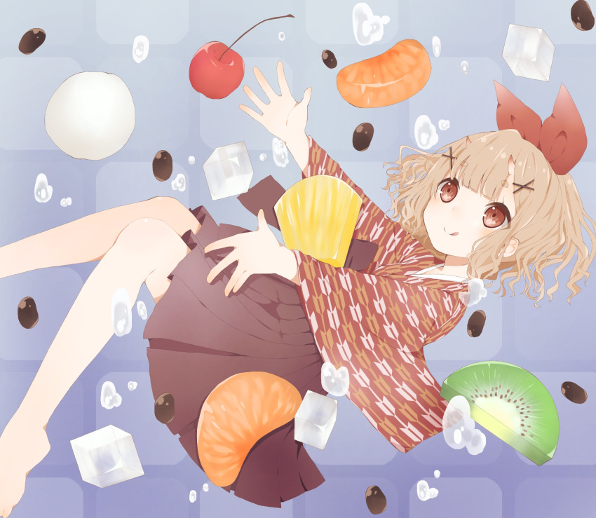 1girl :q bangs barefoot blue_background blunt_bangs brown_eyes brown_skirt cherry coffee_beans commentary_request eyebrows_visible_through_hair food fruit hair_ornament hair_ribbon hakama_skirt highres horns ice ice_cube japanese_clothes kimono kiwifruit light_brown_hair long_sleeves mandarin_orange meiji_schoolgirl_uniform original pineapple pleated_skirt potamaru print_kimono red_ribbon ribbon short_eyebrows skirt smile solo thick_eyebrows tongue tongue_out tsurime water_drop wavy_hair wide_sleeves x_hair_ornament yagasuri