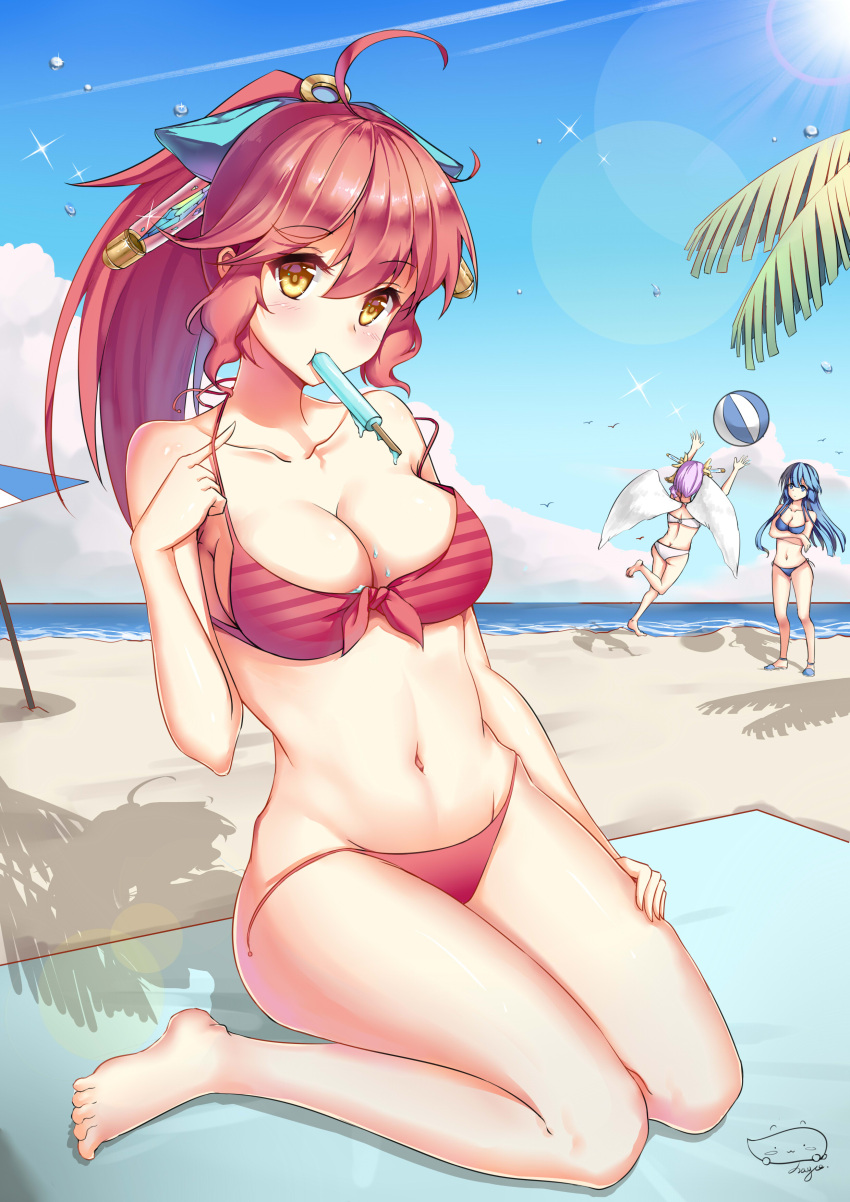 3girls absurdres blue_eyes blue_hair blush breasts character_request cleavage copyright_request eyebrows_visible_through_hair food highres jayce_(shinmai) large_breasts long_hair looking_at_another looking_at_viewer multiple_girls navel ponytail popsicle purple_hair redhead short_hair sitting wariza wings yellow_eyes